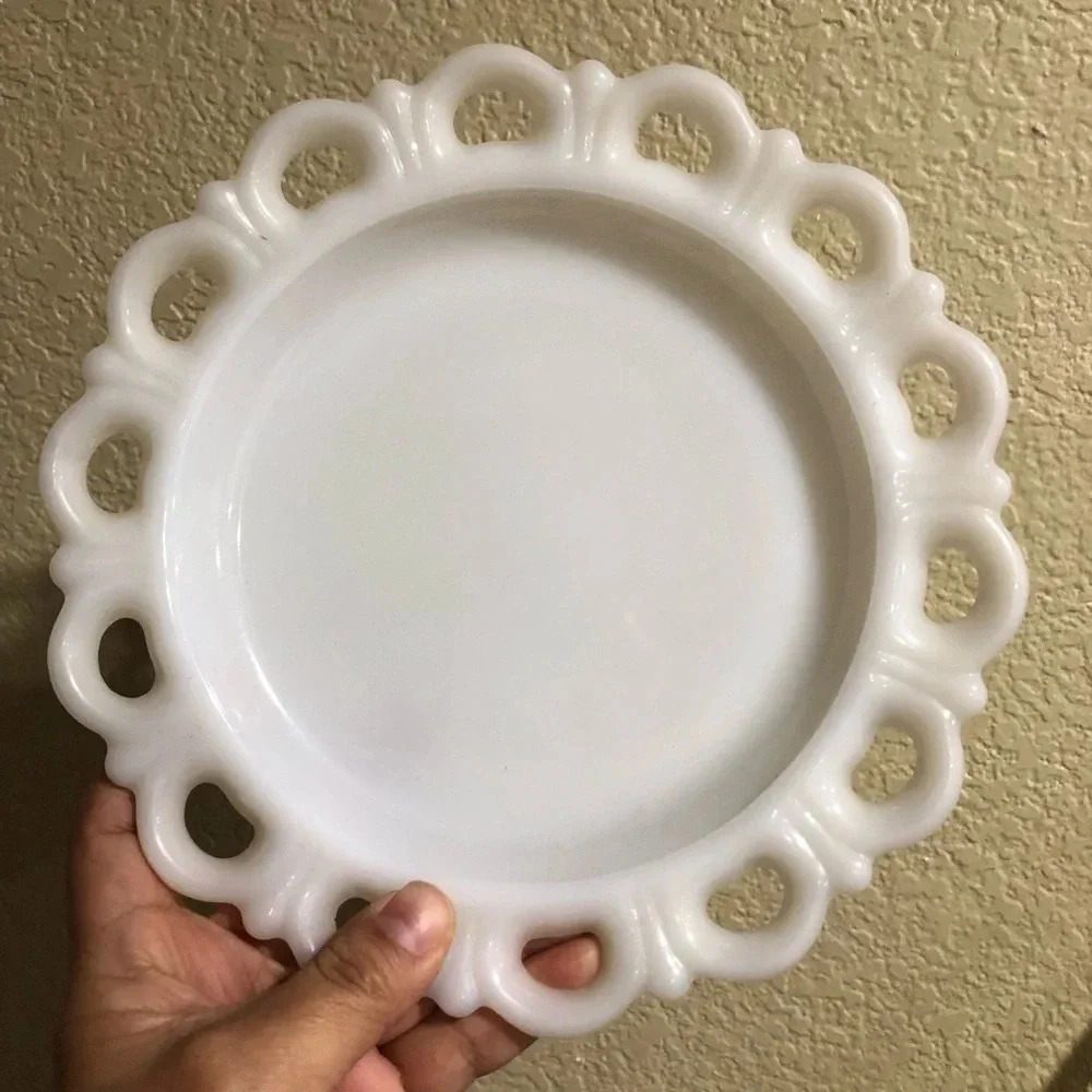 Vintage White Milk Glass Anchor Hocking Round Lace Edge dish decorative vintage